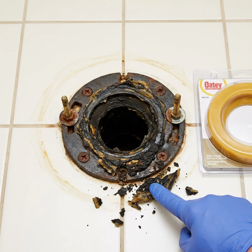 Failed wax ring showing water seepage at the base of a toilet in a Hamilton, OH home