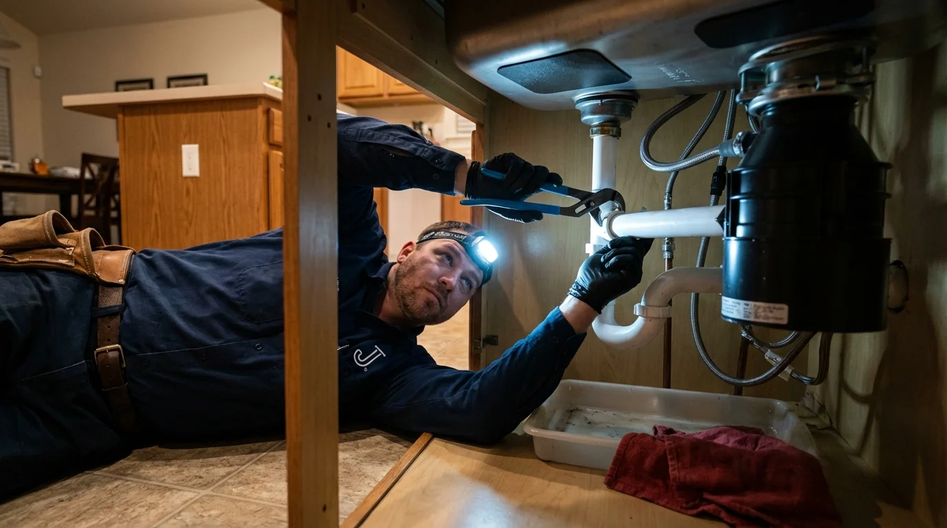 P-trap and supply line connections under a kitchen sink showing a common leak point in Hamilton, OH
